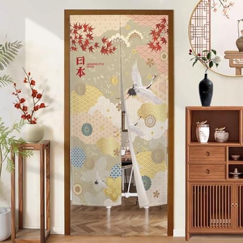 Japanese Style Noren Door Curtain with Maple Leaf and Crane Designs