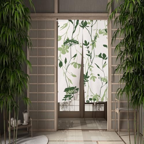 Japanese Style Door Curtain with Green Plants Print