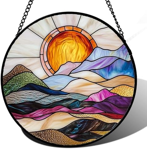 Golden Sun Abstract Landscape Stained Glass Window Hanging