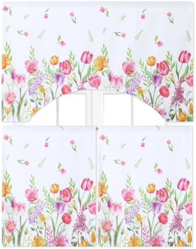 Ganeen 3 Pcs Summer Tulip Kitchen Curtain Set with Valance