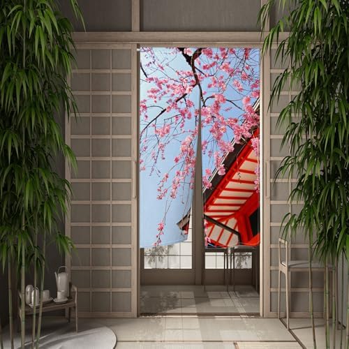 Leowefowa Japanese Noren Door Curtain Panel Spring Pink Cherry Blossom