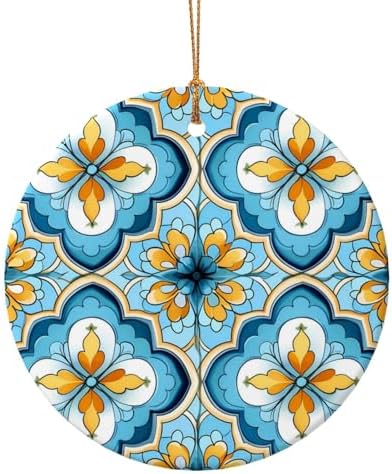 Christmas Ornaments Blue Yellow Quatrefoil Round Ceramic Pendant Decor