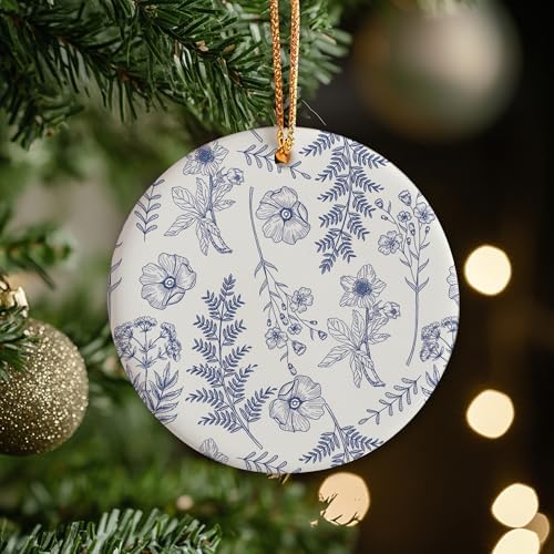 Blue Flowers Christmas Ornament - Chinoiserie Design Ceramic Decor