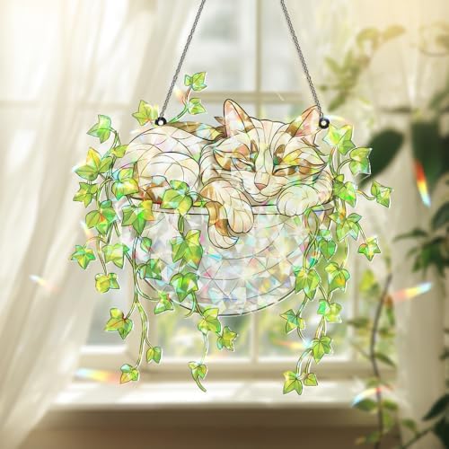 Whimsical Stained Glass Cat Sun Catcher for Home Decor
