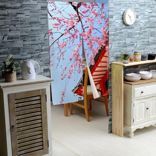 Leowefowa Japanese Noren Door Curtain Panel Spring Pink Cherry Blossom