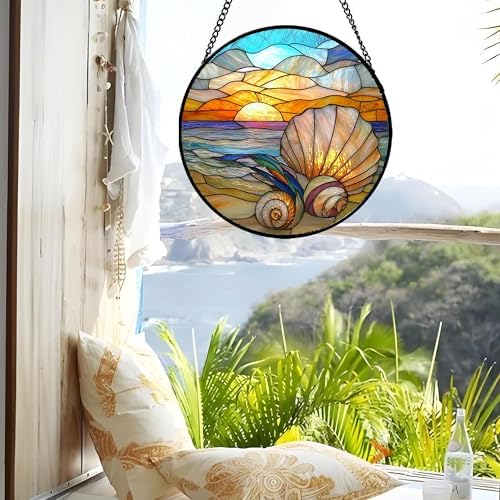 Colorful Beach Shells Stained Glass Window Hanging