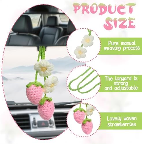 Cute Crochet Strawberry Flower Car Hanging Ornaments 2 Pcs