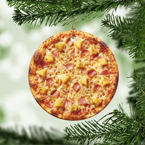 Generic Hawaiian Pizza with Pineapple and Ham Ceramic Christmas Ornaments 3 Inch Hanging