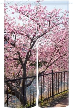 Leowefowa Japanese Noren Curtain Spring Pink Cherry Blossom Long