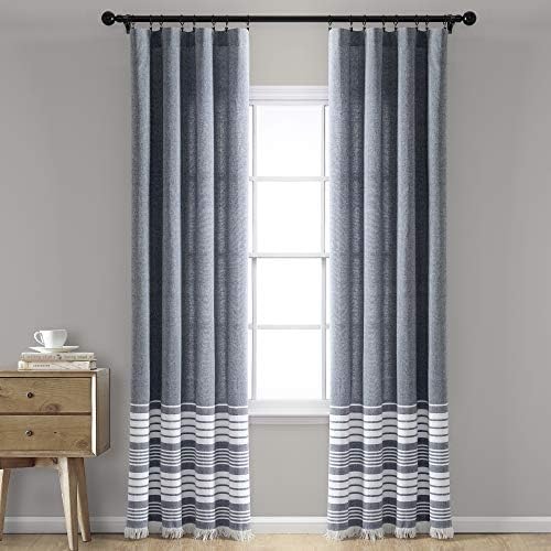 Nantucket Yarn Dyed Cotton Tassel Curtain Panels Set Navy 95x40