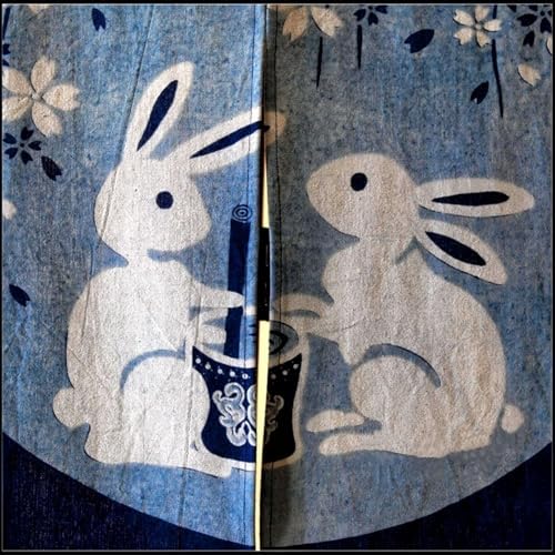 Handmade Shibori Noren Curtain in Cherry Blossom Bunnies