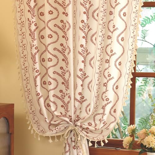 Linen Boho Curtains with Tassels and Floral Pattern
