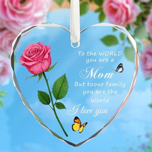 Heart Shaped Glass Christmas Ornament for Mom Pink Rose Design