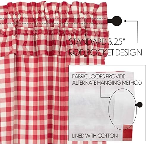 VHC Brands Red Buffalo Check Curtains with Drawstring and Ruffles