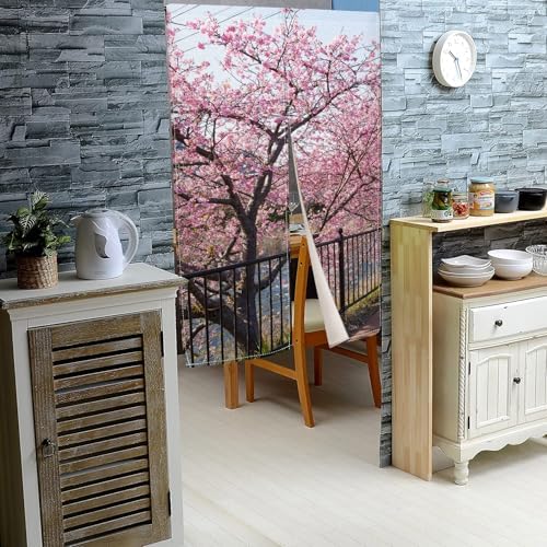 Leowefowa Japanese Noren Curtain Spring Pink Cherry Blossom Long