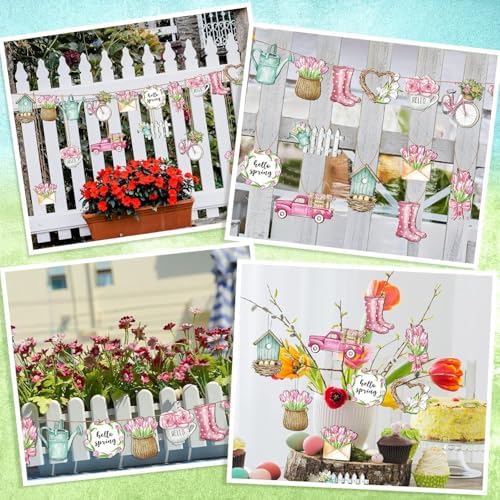 24 Pcs Spring Floral Wooden Ornaments with Rope