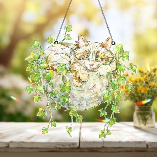 Whimsical Stained Glass Cat Sun Catcher for Home Decor