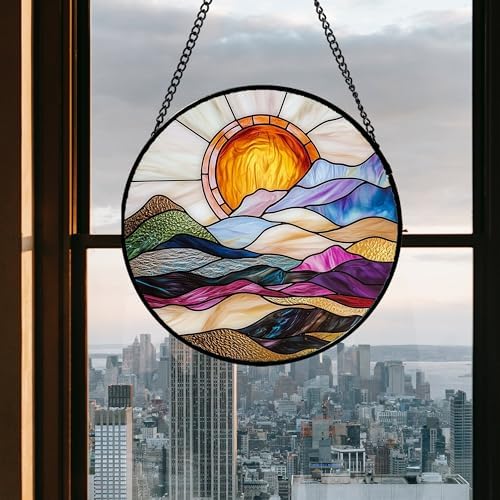 Golden Sun Abstract Landscape Stained Glass Window Hanging