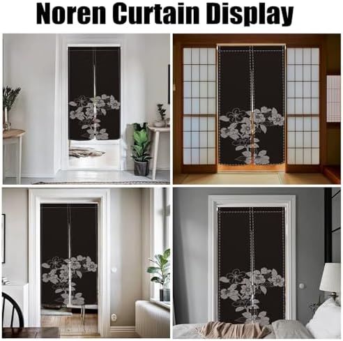 Black Noren Door Curtain with Blooming Flowers Pattern