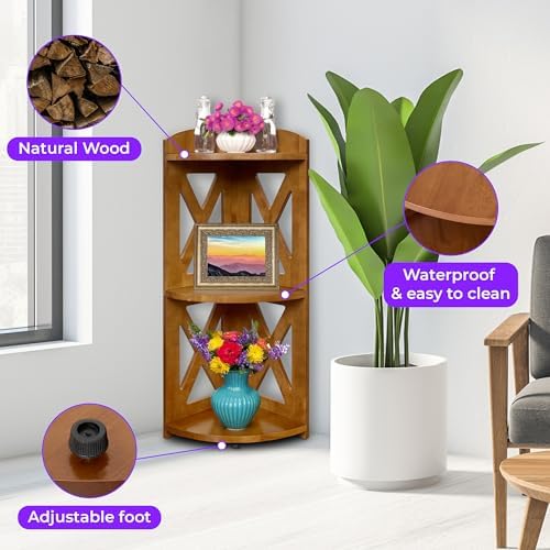 YCICI Corner Shelf Stand 3 Tier Natural Wood Bookshelf