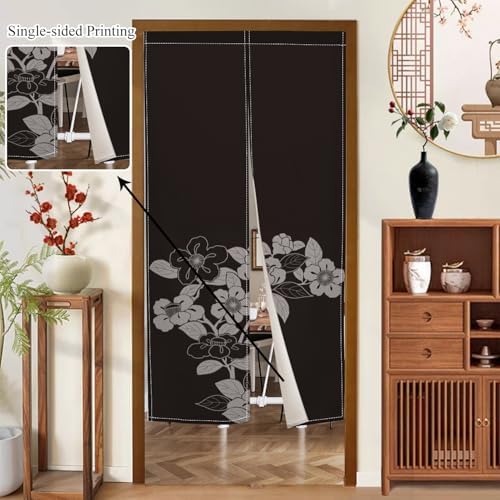 Black Noren Door Curtain with Blooming Flowers Pattern