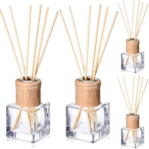 Roshtia 4 Set Glass Diffuser Bottles with Wooden Caps and Rattan Sticks