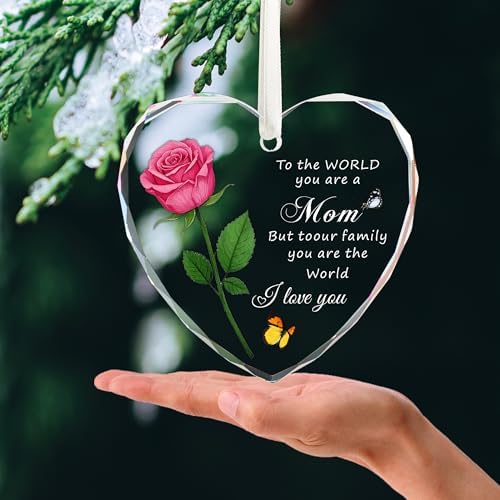 Heart Shaped Glass Christmas Ornament for Mom Pink Rose Design