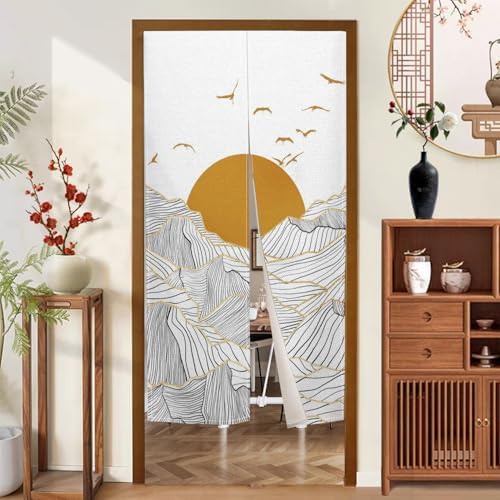 Traditional Japanese Noren Door Curtain with Sunset Mountain Print