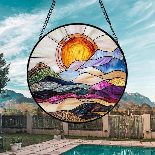 Golden Sun Abstract Landscape Stained Glass Window Hanging