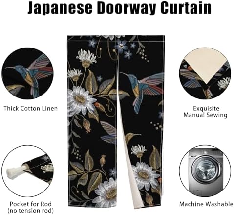 Japanese Noren Door Curtain with Blooming Flowers and Birds Pattern