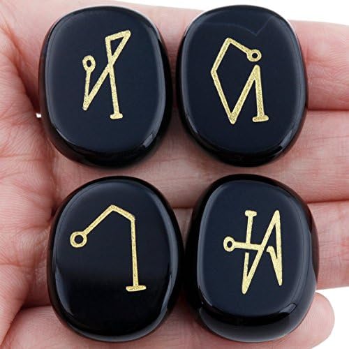 SUNYIK Flat Oval Black Agate Angel Symbols Set of 4
