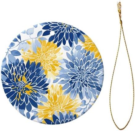 Blue Yellow Chrysanthemum Ceramic Pendant Hanging Ornament for Christmas Tree