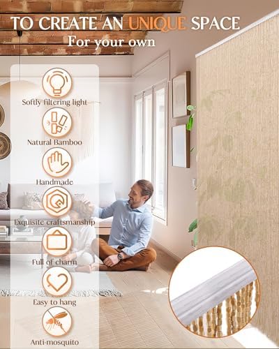 Elegant Bamboo Door Curtain - 355x79 90-Strand Beaded Divider