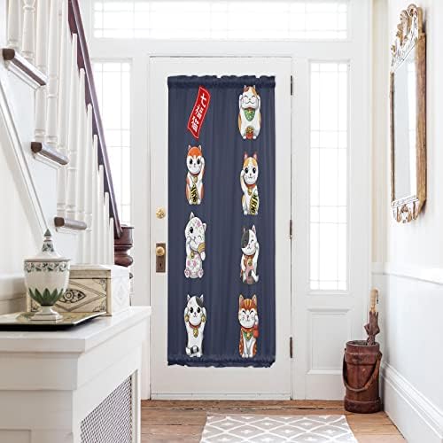 Japanese Noren Door Curtains With Double Rod Pocket Lucky Cats Blue