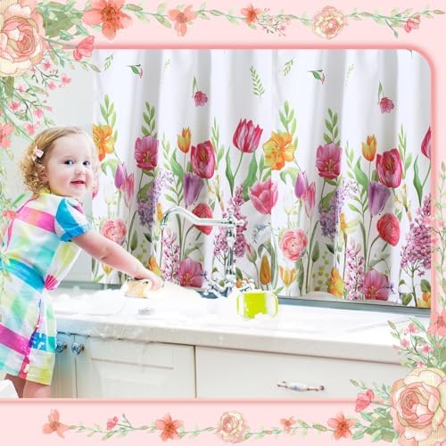 Ganeen 3 Pcs Summer Tulip Kitchen Curtain Set with Valance