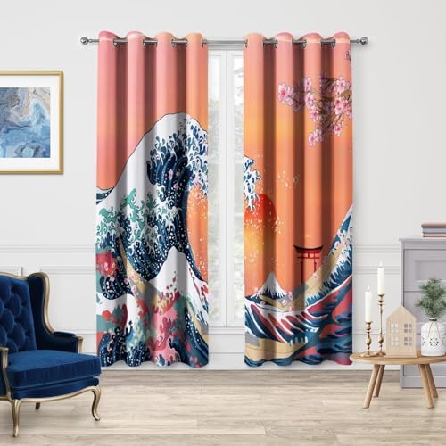 Jekeno Great Wave Blackout Curtains 2 Panels Set