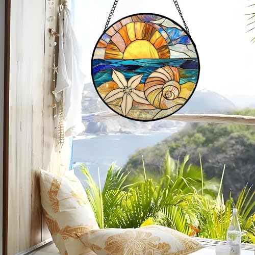 Stained Glass Window Hanging - Gold Sun Blue Sea Suncatcher 15 in
