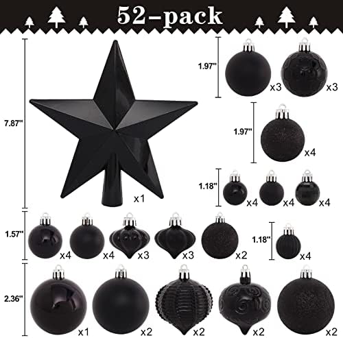 52-Pack Shatterproof Black Christmas Tree Ornaments with Star Topper