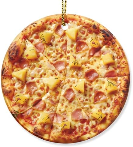 Generic Hawaiian Pizza with Pineapple and Ham Ceramic Christmas Ornaments 3 Inch Hanging