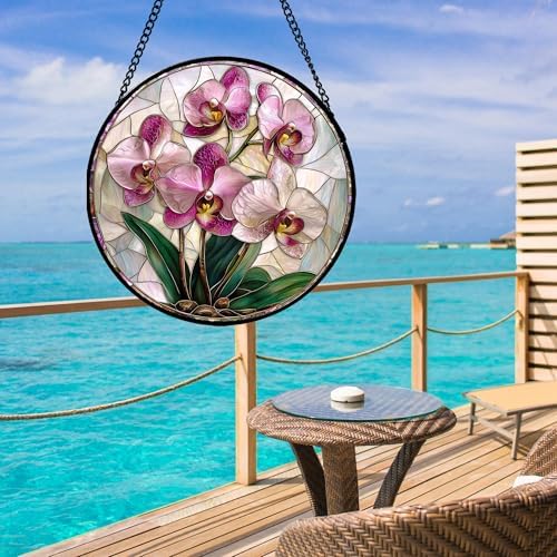 Stained Glass Window Hanging - 15 in Pink Purple Phalaenopsis Flowers