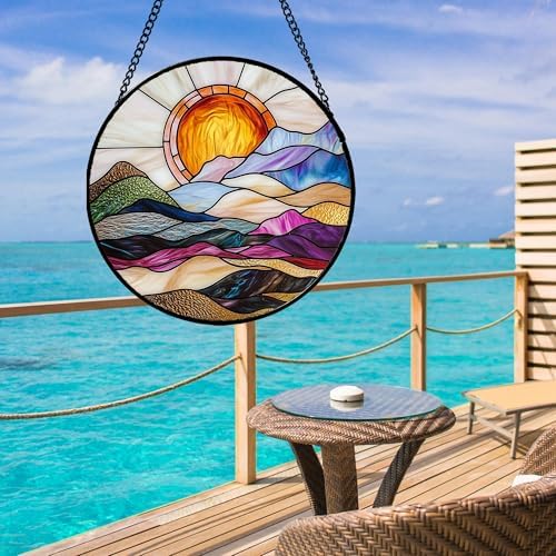 Golden Sun Abstract Landscape Stained Glass Window Hanging
