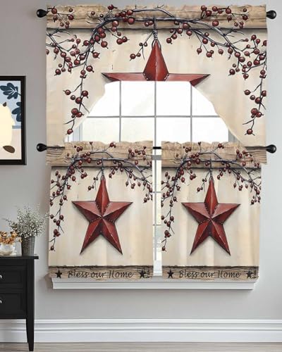 Red Texas Star Rustic Kitchen Curtain Set 3 Piece