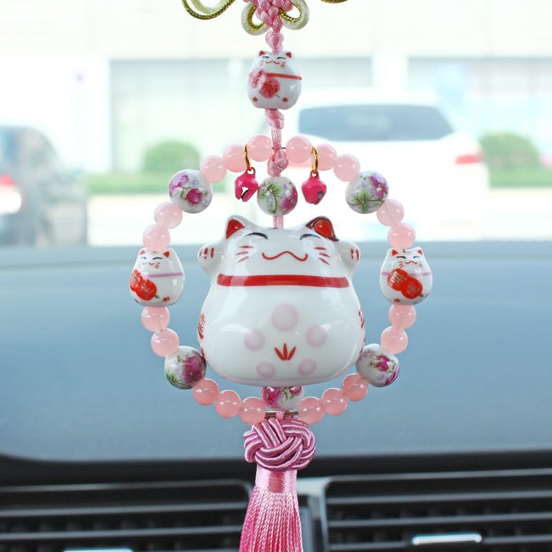 1Pcs Playful Lucky Cat Car Charm Adorable Beaded Ornament with Tassel