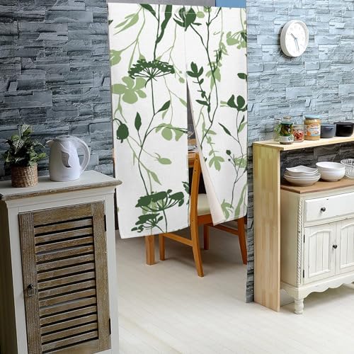 Japanese Style Door Curtain with Green Plants Print