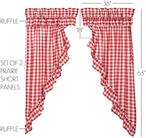 VHC Brands Red Buffalo Check Curtains with Drawstring and Ruffles