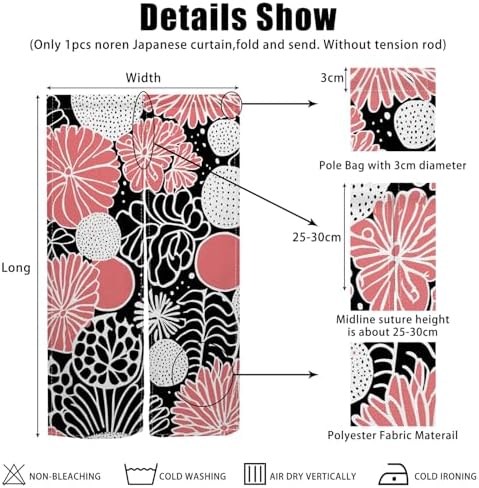 Traditional Japanese Noren Door Curtain Black Pink Flowers 283x472