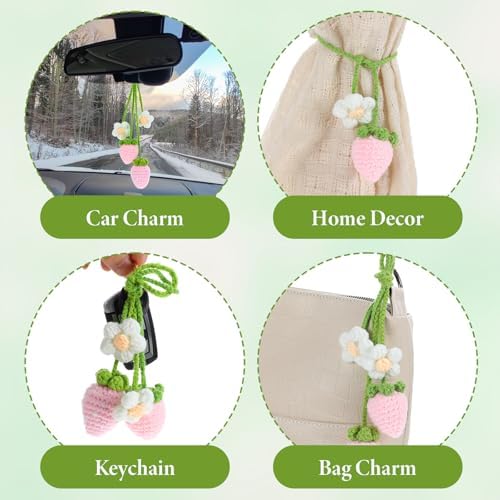 Telooco Crochet Strawberry Car Hanging Ornament Set