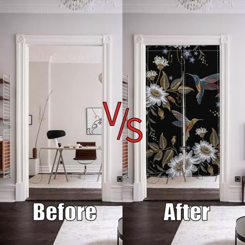 Japanese Noren Door Curtain with Blooming Flowers and Birds Pattern