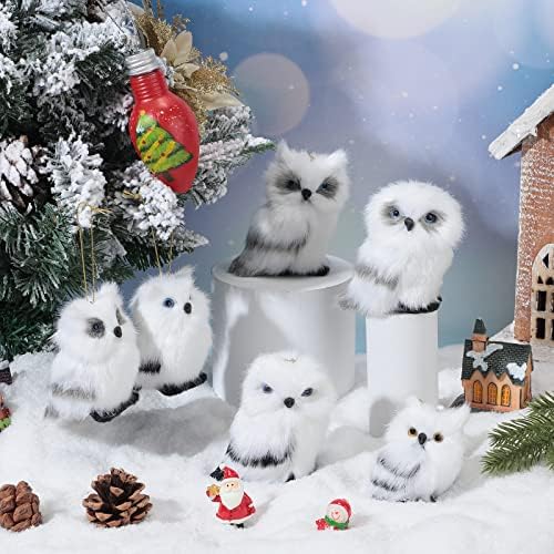 12 Pcs White Faux Fur Owl Christmas Hanging Decorations