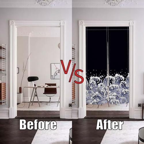 Noren Doorway Curtain with Navy Blue Waves Pattern